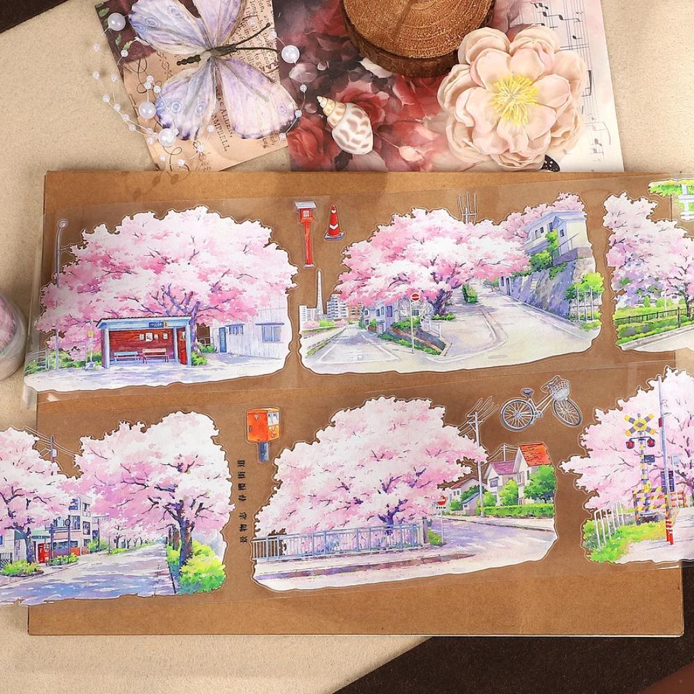 Washi tape, pet tape, landscape, building, japanese, blossom